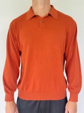 Mark Shale men’s burnt orange long sleeve collared rugby sweater size large